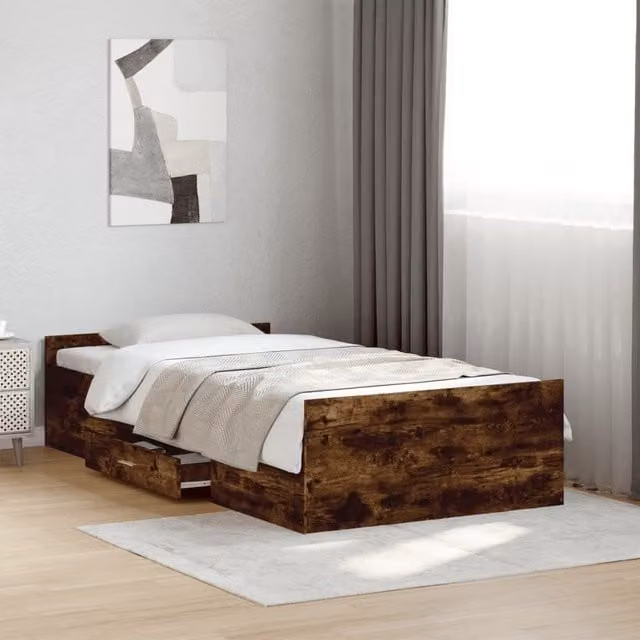 Berkfield Home Small Single Bed Frame with Drawers in Smoked Oak Brown, W: 75 cm, L: 190 cm