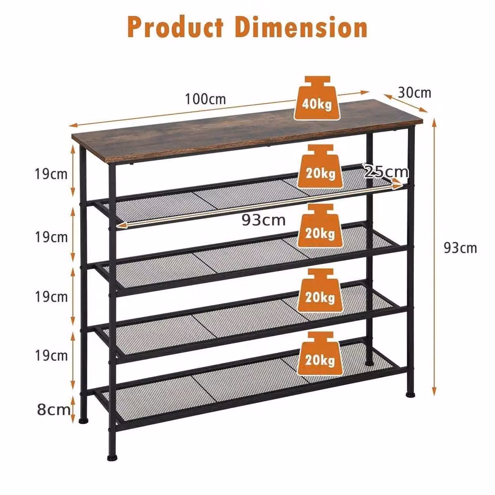 Kelvenix 5-Tier Industrial Brown Wood and Metal Freestanding Entryway Shoe Rack – 2