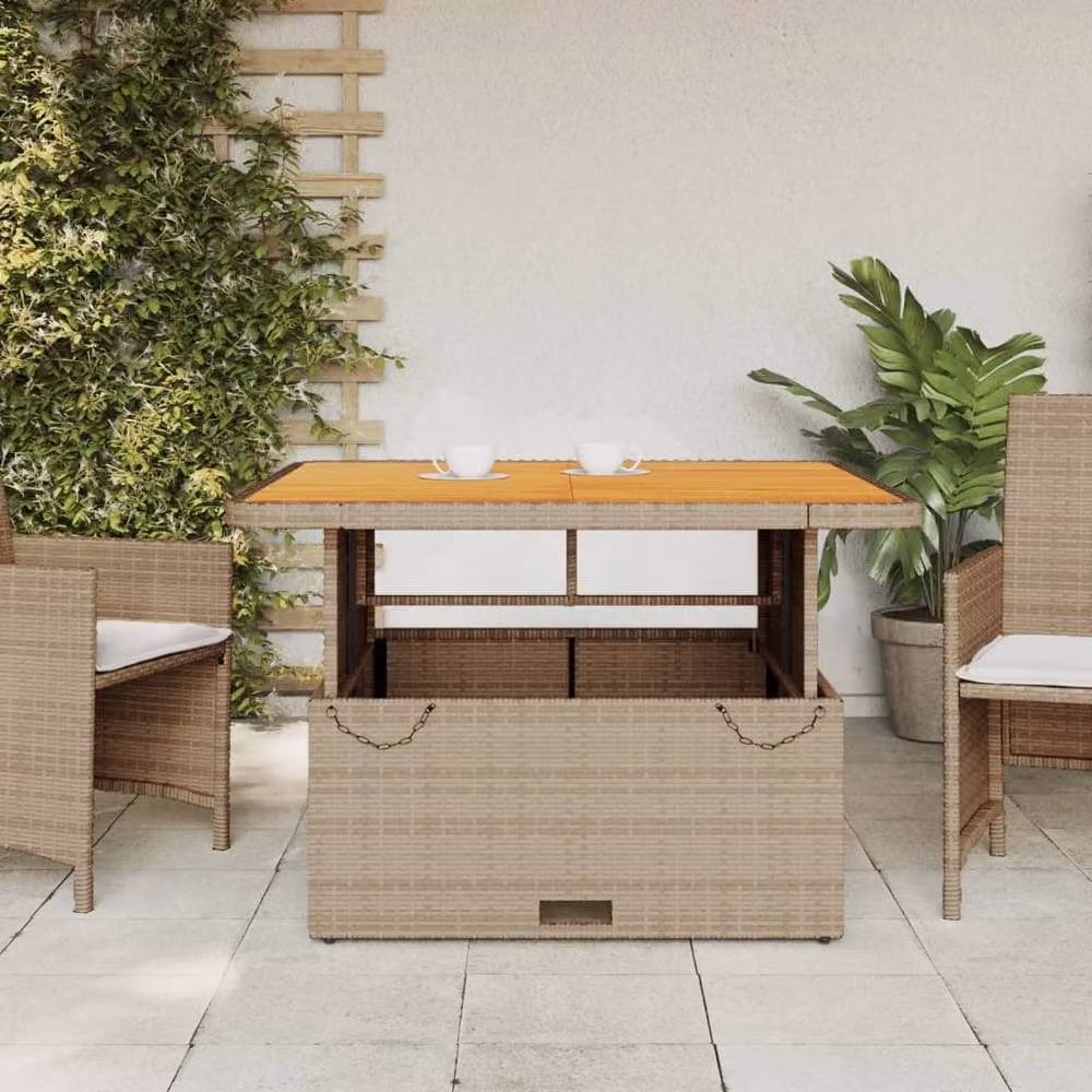 Berkfield Home Garden Table in Beige, Made from Poly Rattan, Acacia Wood and Powder Coated Steel, W/D/H: 110 x 110 x 71 cm – 3