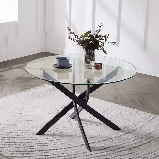 Home Detail Leon Round Glass Dining Table with Black Legs, Diameter: 120 cm