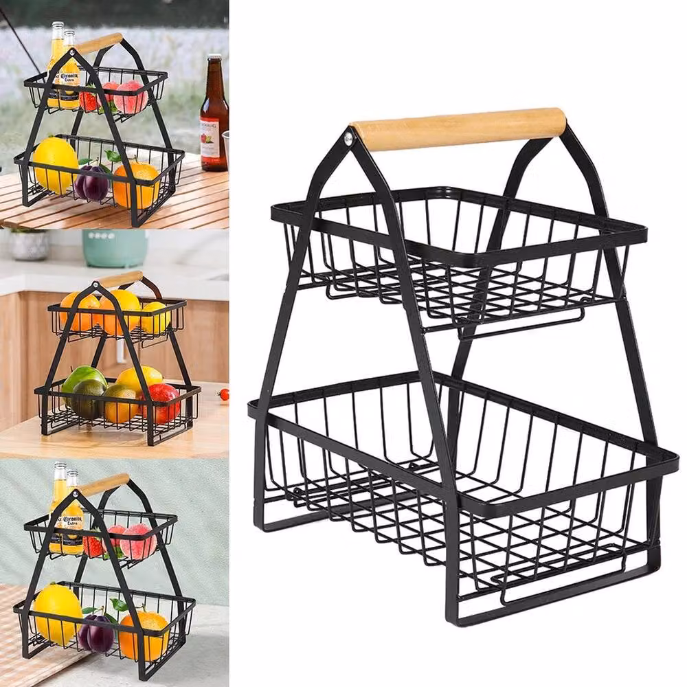 VOGREX 2 Tier Metal Wire Fruit and Vegetable Bowl Basket Rack in Black – 2