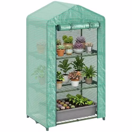 Outsunny 3 Tier Mini Greenhouse with Roll Up Door, Green, W/D/H: 49 x 49 x 125 cm – 1