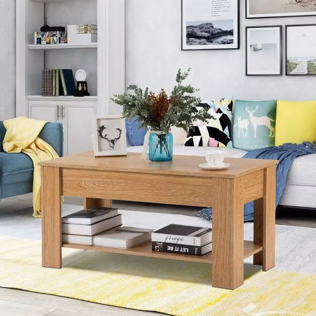 Modern Home Store Rectangular Lift Up Top Coffee Table with Storage and Shelf in Rustic Brown
