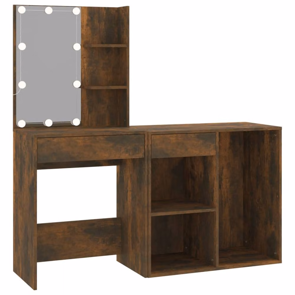 Berkfield Home LED Dressing Table with Cabinet in Smoked Oak Brown, W: 140 cm, D: 40 cm, H: 60 cm – 2