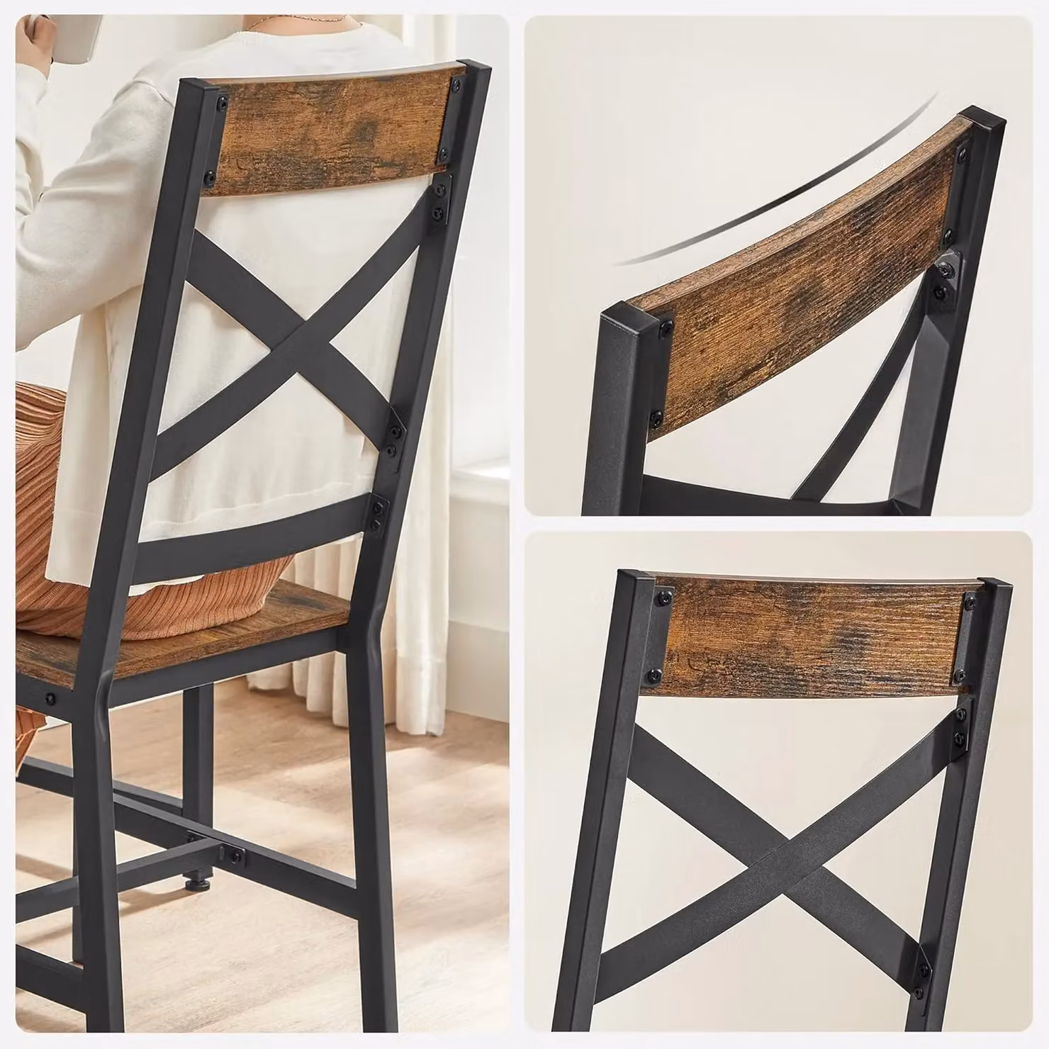 VASAGLE Set of 2 Industrial Ergonomic Dining Chairs with Steel and Wood Frame in Brown – 4