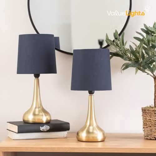 ValueLights Brushed Gold Teardrop Touch Dimmer Table Lamp with Navy Blue Fabric Shade and Bulb Included – 3