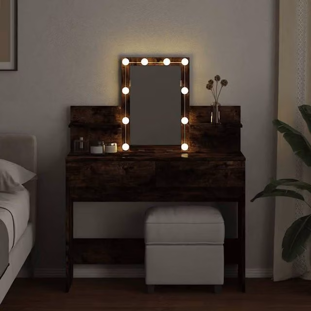 Berkfield Home Beautiful Hollywood LED Dressing Table in Smoked Oak Brown, W/D/H: 100 x 40 x 130 cm