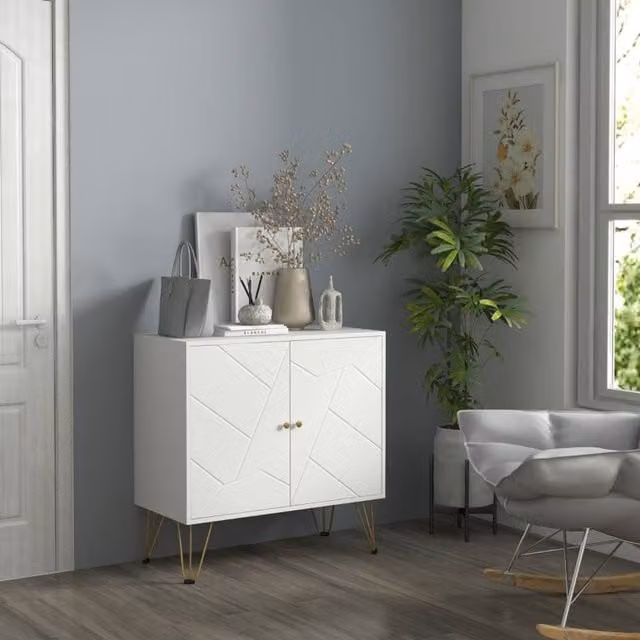 STILVORA Modern White and Gold Freestanding Storage Cabinet with Hinged Doors and Internal Shelves