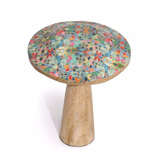 Serenityy Medium Wooden Garden Mushroom with Multicolour Mediterranean Geometric Tile Pattern