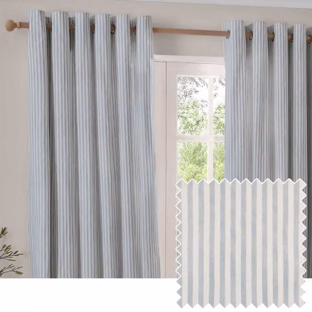 Yard Hebden Striped 100% Cotton Lined Eyelet Curtain Pair in Blue, Width: 229 cm, Drop: 183 cm
