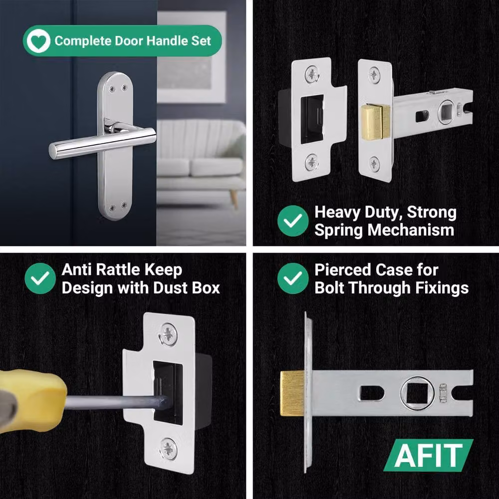 AFIT Polished Chrome T-Bar Door Handle Latch Backplate Set in Silver, 6 Pairs – 3