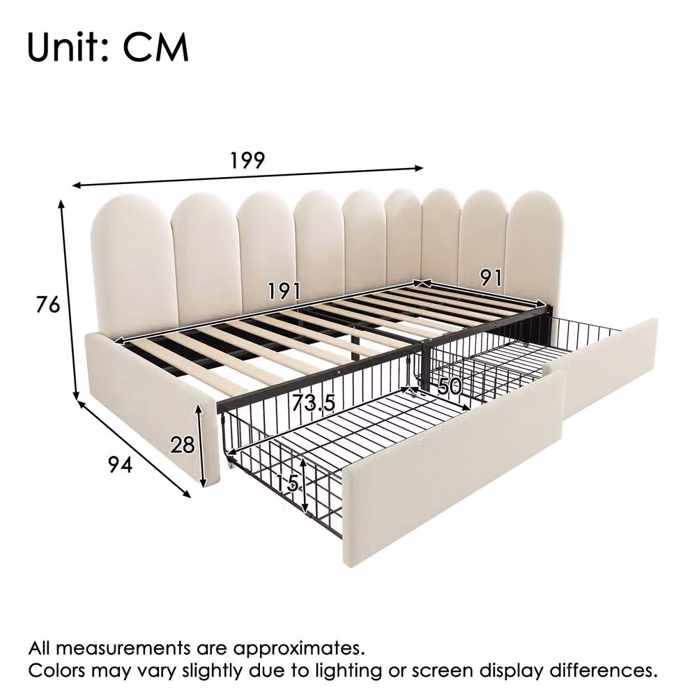 BTM Velvet Daybed with Storage Drawer in Beige, W/D/H: 190 x 90 x 76 cm – 2