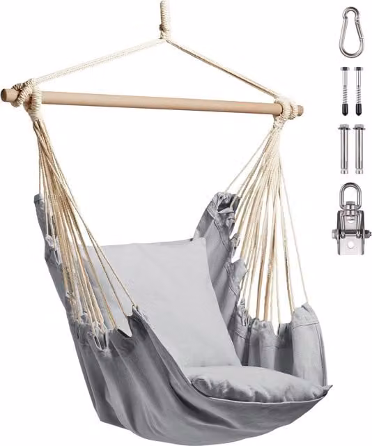 VonHaus Grey Outdoor Hanging Chair with Attachments, Boho Style 1 Seater Rope Garden Swing Seat and Hammock Chair – 1