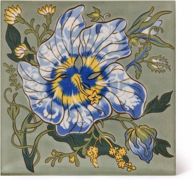 House of Hackney Artemis Hibiscus Printed Ceramic Tile Sample, Sage Green Multicolour, W: 15.24 cm, H: 15.24 cm, D: 1.0 cm
