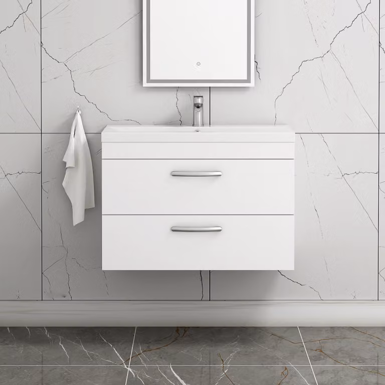 Royal Bathrooms Turin 800mm Wall Hung Gloss White Vanity Unit with 2 Drawers and Mid-Edge Sink