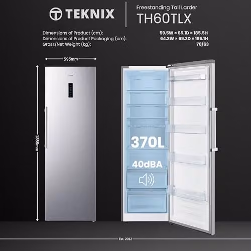 Teknix TH60TLX 60cm Freestanding Tall Larder Fridge in Silver, 370L Capacity, Stainless Steel, H185.5 x W59.5 x D65.1 cm – 2