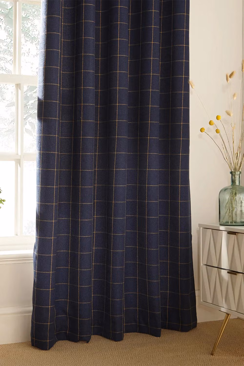 Furn Ellis Navy Blue Windowpane Check Eyelet Curtains, Thermal Insulating, Width: 168 cm, Drop: 183 cm – 3