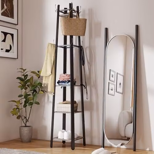 HOMCOM Industrial Coat Stand with 8 Hooks and 4 Shelves in Grey and Black – 6