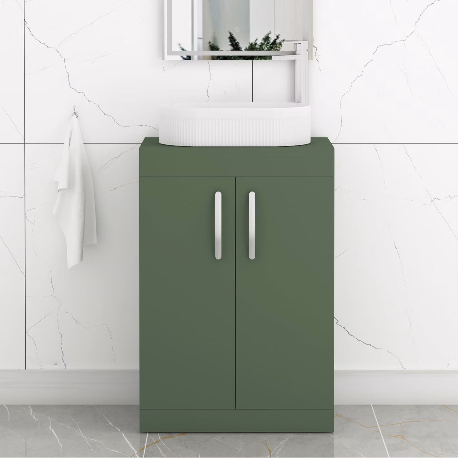 Royal Bathrooms Turin 500mm Floor Standing 2 Door Vanity Unit in Matt Green with Lyon Countertop Basin and Brushed Brass Handle