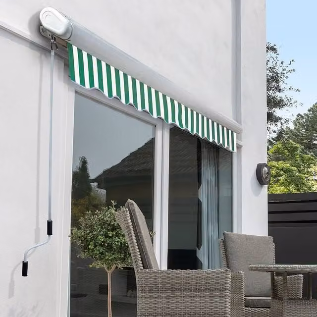 Primrose Full Cassette Electric Patio Awning with 3m Canopy in Green and White Stripe