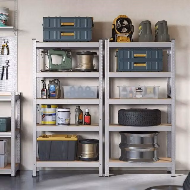 SONGMICS Set of 2 Freestanding Garage Shelving Units with 5 Adjustable Shelves in Silver and Rustic Wood – 1