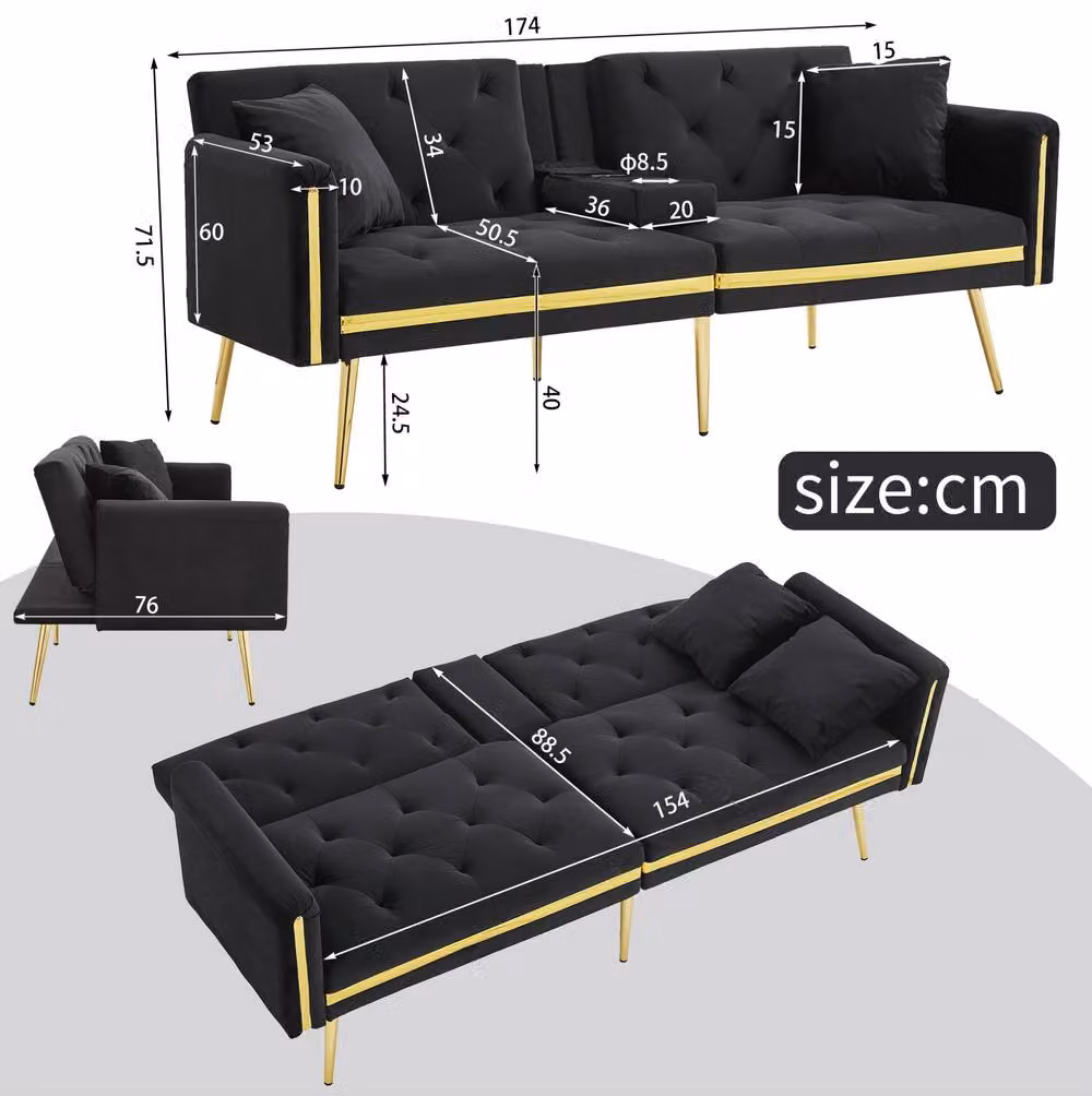 STILVORA 2-Seater Velvet Sofa Bed in Black with Adjustable Headrest and Cup Holders – 2