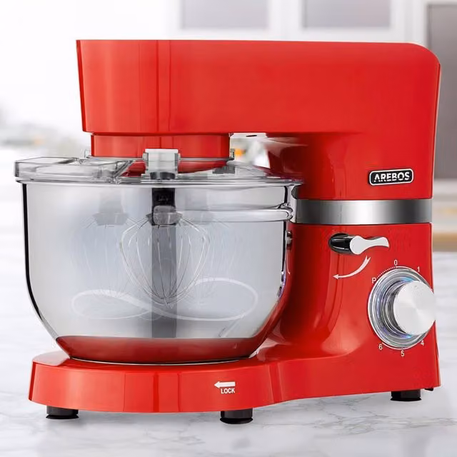 AREBOS Stand Mixer Kneading Machine with 2 x Stainless Steel Mixing Bowls, Red