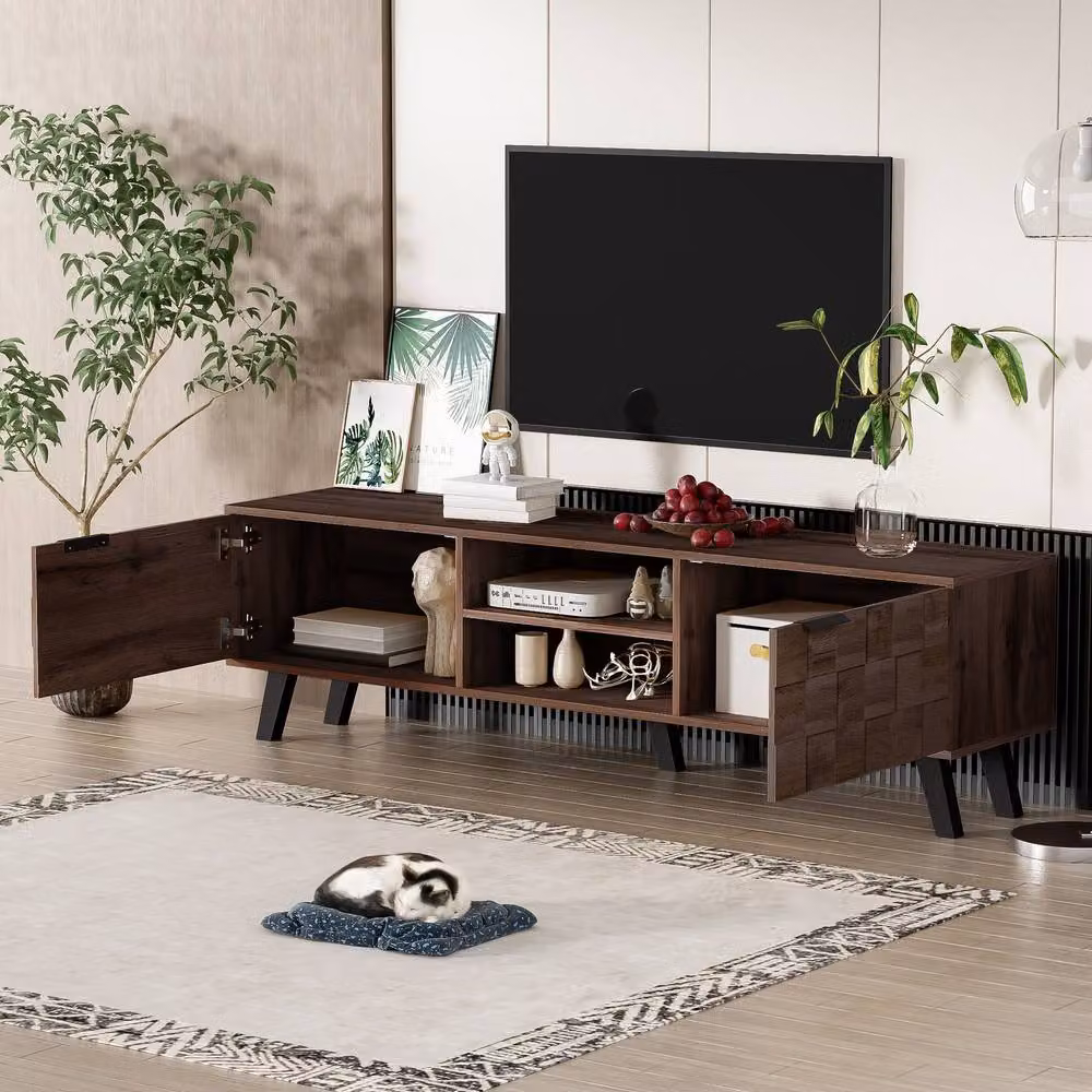 ModernLuxe Modern TV Cabinet in Brown Walnut with 2 Doors and 2 Open Shelves – 4