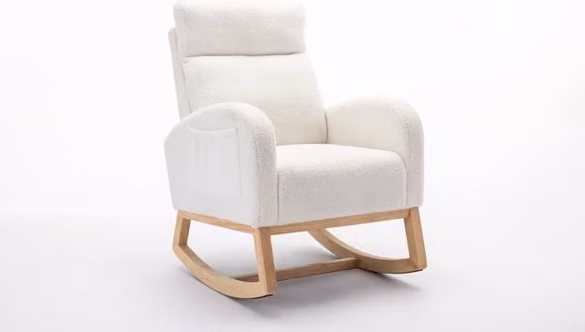 Rolipo Mid Century Beige Bouclé Fabric Upholstered Rocking Chair with Solid Wood Frame