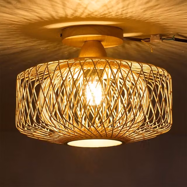 Livingandhome Modern E27 Bamboo and Wood Woven Cylinder Ceiling Light in Brown