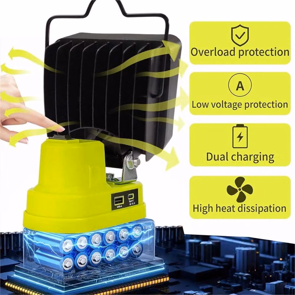 Nordara Yellow LED Work Light for Ryobi 18V Battery with Adjustable Brightness and USB Ports – 6