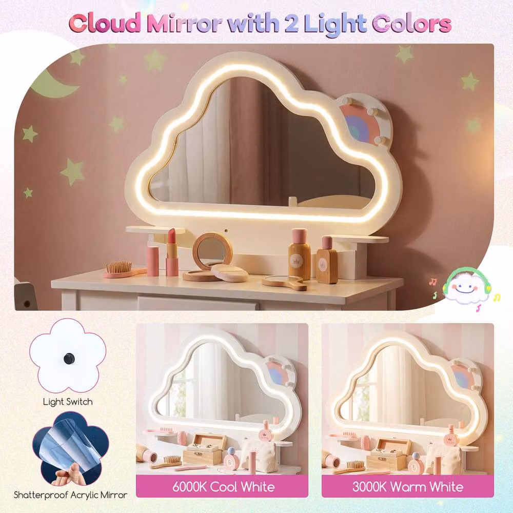 CASART Kids Vanity Set in White with LED Cloud Mirror and Jewelry Rack – 4