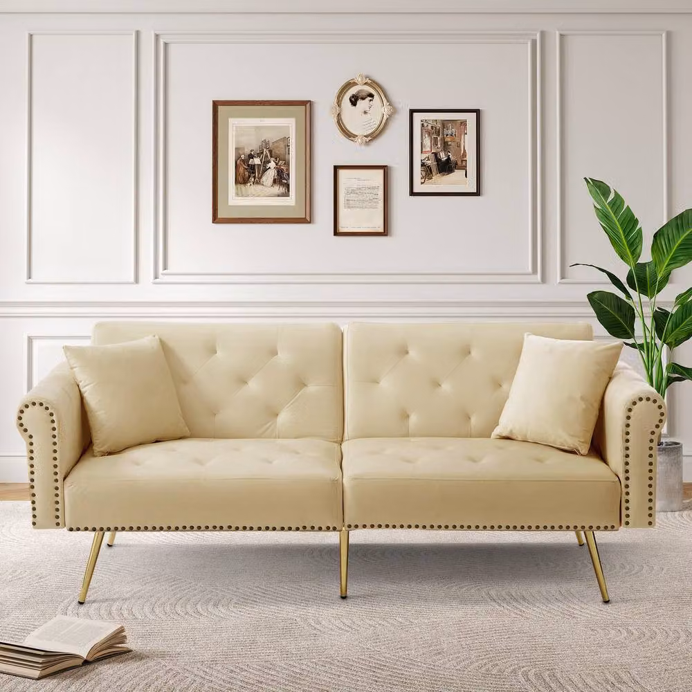 ModernLuxe 2 Seater Velvet Sofa Bed in Beige with Adjustable Headrest – 2