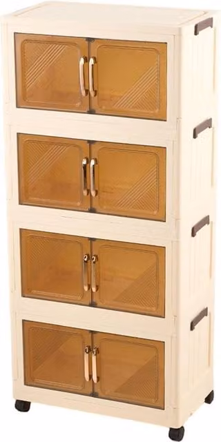 Living and Home Foldable 3/4-Tier Rolling Plastic Storage Cabinet with Magnetic Hinged Doors in Beige, Large – 1