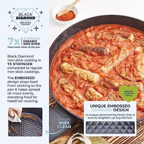 Tower Diamo Aluminium Shallow Casserole Dish with Black Diamond Ceramic Non-Stick Coating and Tempered Glass Lid, Black, Diameter: 30 cm – 3