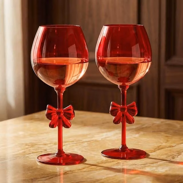 OHS Set of 2 Red Reusable Plastic Bow Wine and Champagne Glasses