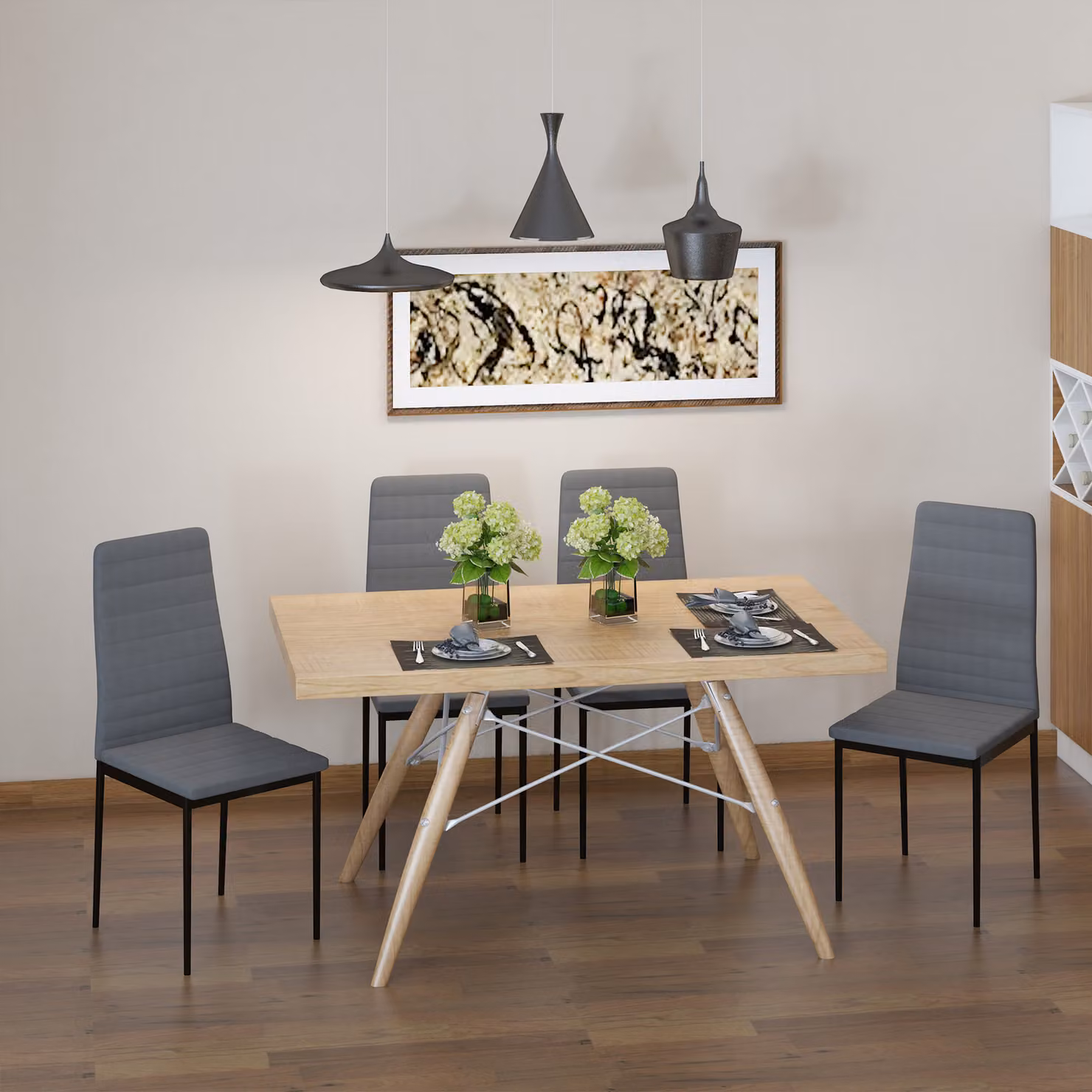 HOMCOM Set of 4 Grey Linen Upholstered Dining Chairs with Padded Seats and Metal Legs – 5