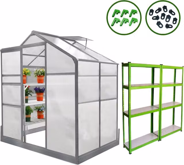 Monstershop Silver Greenhouse with Base, Racking and Polycarbonate Windows