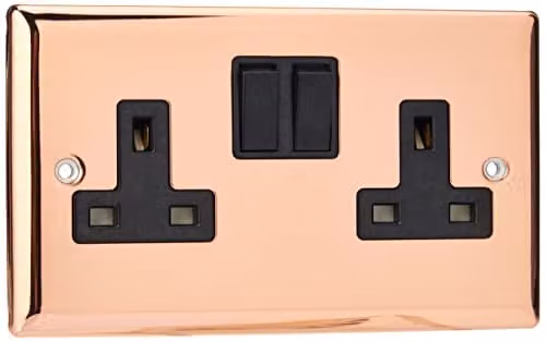 Varilight 2-Gang 13A Double Pole Switched Socket in Polished Copper with Black Inserts in Brown – 1