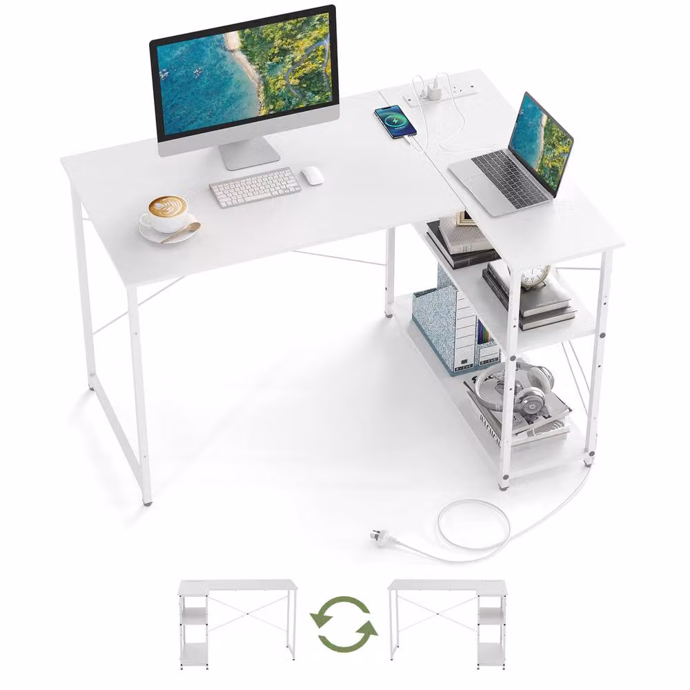 Costway L-shaped Computer Desk with Power Outlet and Reversible Shelves in White – 2