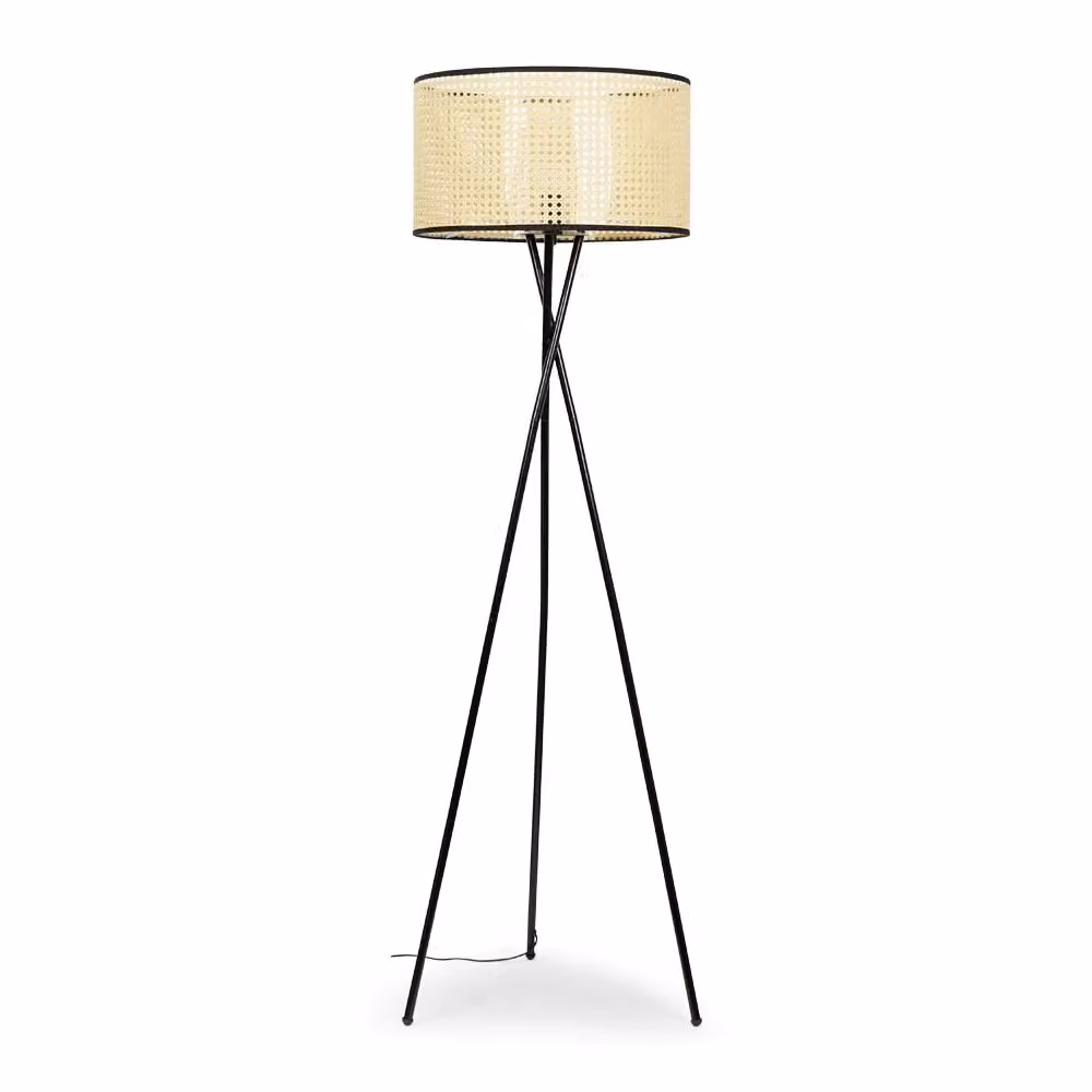 ValueLights Camden Black Tripod Floor Lamp with Natural Rattan Cylinder Shade – 3