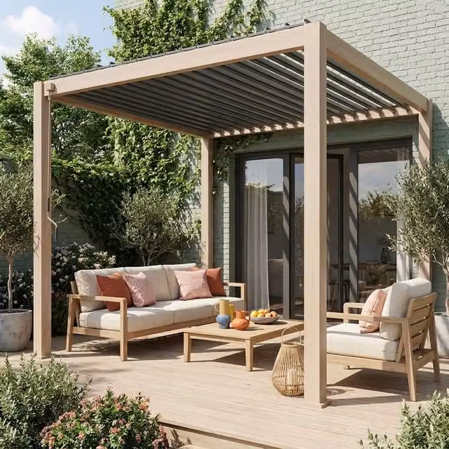 sweeek V2 Louvered Aluminium Pergola in Light Brown, W: 301 cm, D: 301 cm, H: 257 cm – 1