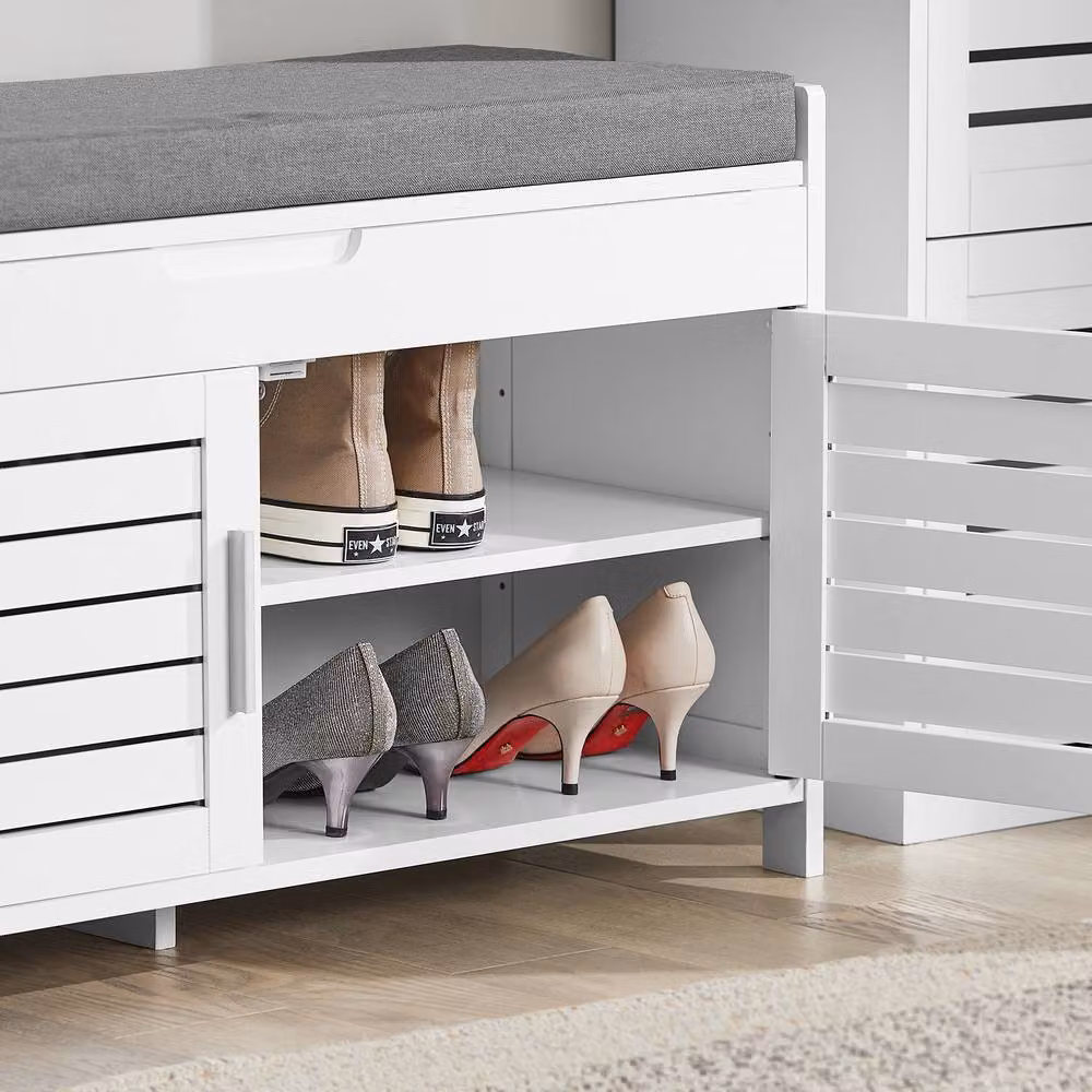 SoBuy Modern White and Grey Fabric Shoe Rack and Hallway Seating Bench – 3