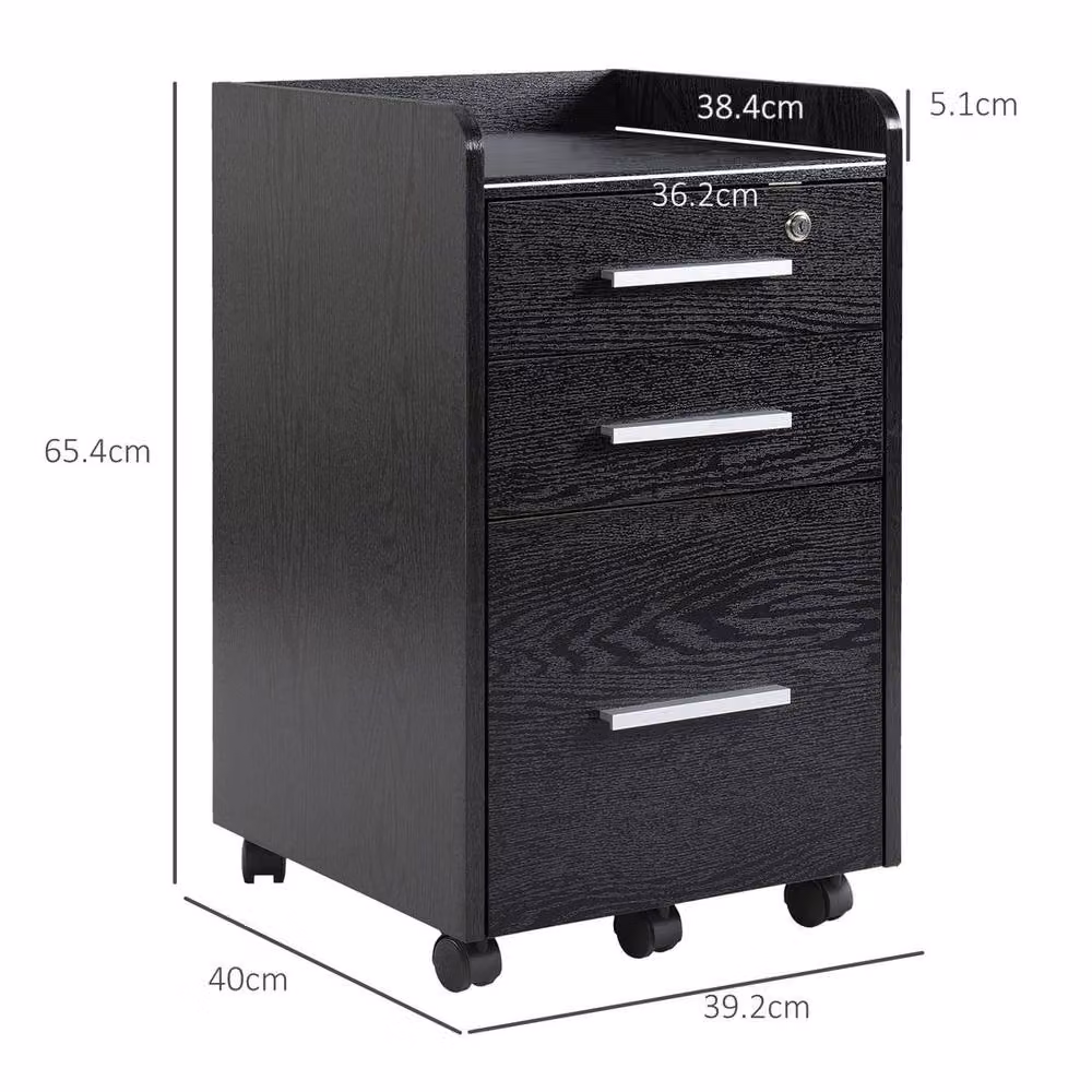 KORVIXA Black 3 Drawer Mobile Filing Cabinet with Lock and Castors – 2