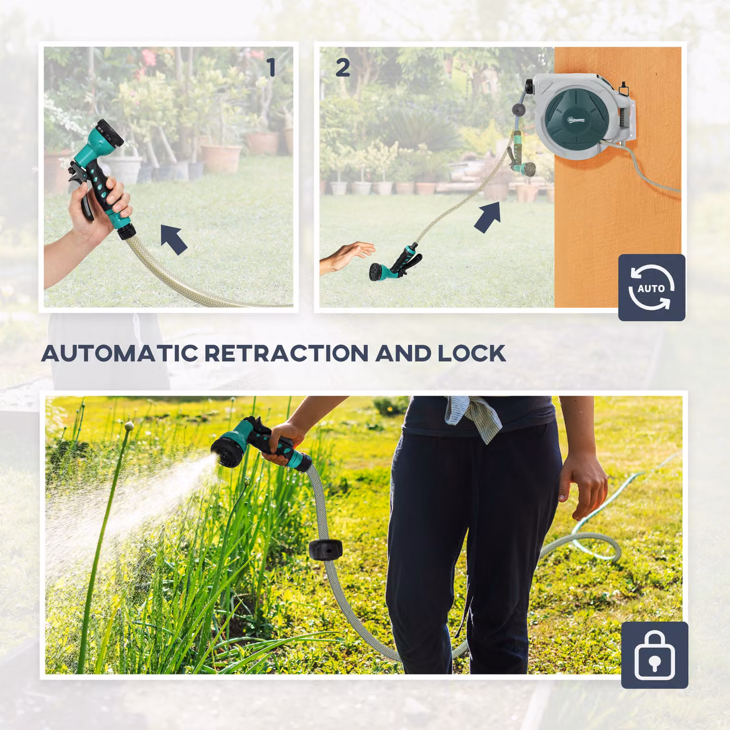 Outsunny Retractable Wall Mounted Garden Hose Reel with Auto Rewind and 7-in-1 Spray Nozzle, Green – 5