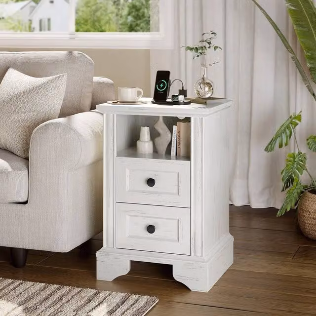 KORVIXA Bedside Table with 2 Drawers and Charging Station in White
