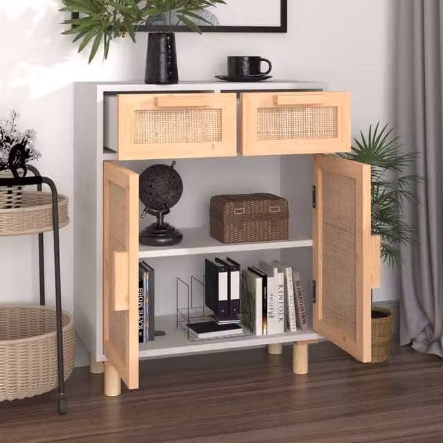 Berkfield Home White Sideboard in Solid Pine and Natural Rattan, W/D/H: 60 x 30 x 75 cm