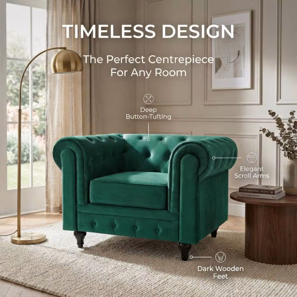 Bravich LTD Chesterfield Scroll Arm Velvet Sofa in Green – 4
