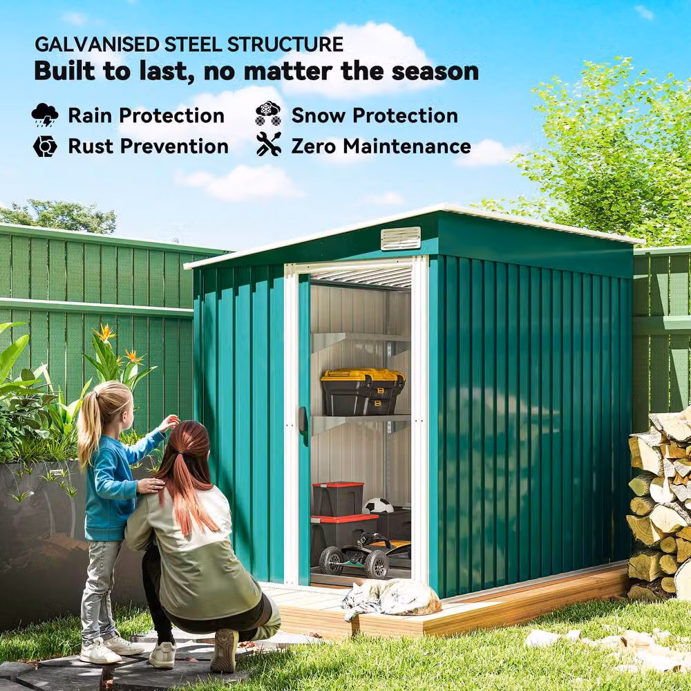 Rolipo Green Galvanised Metal Pent Shed with Sliding Door – 6