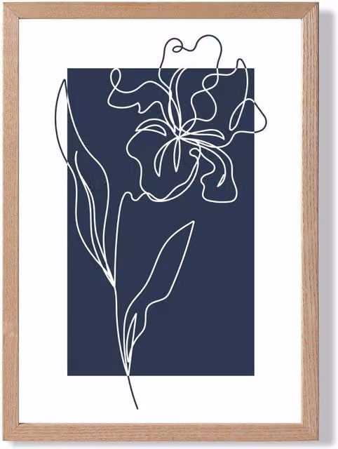 ARTZE Navy Blue and White Floral Line Art Framed Print with Oak Frame, A3